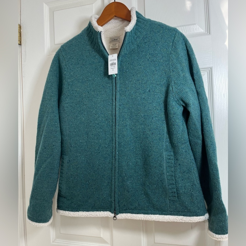NWT L.L. Bean Blue Zip Sweater Cardigan with White Sherpa Lining Size Small